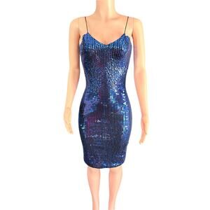 Vintage 80s Sho Max Originals Blue Sequin Bodycon Dress Fitted Sheath Size XS/S